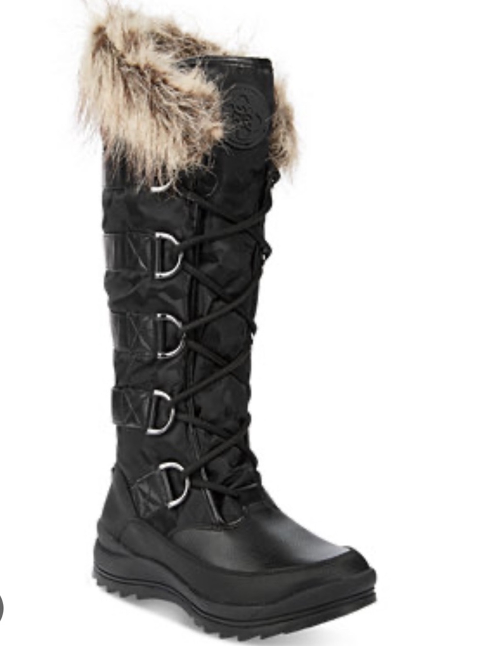 GUESS Hadly Black Lace-Up Tall Winter Boots with Faux Fur Cuff
